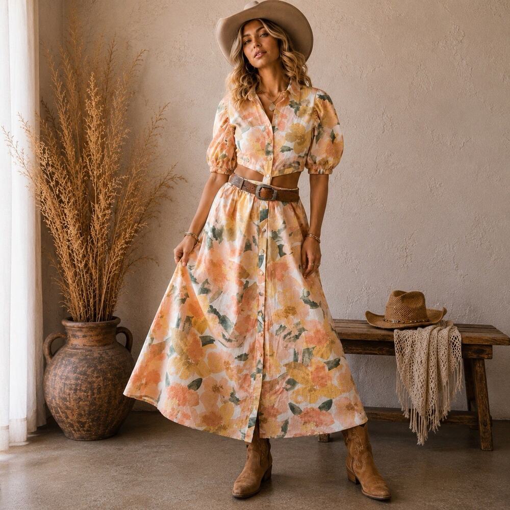 Girl And The Sun Floral Maxi Dress XS Cottagecore Bohemian Prairie Western